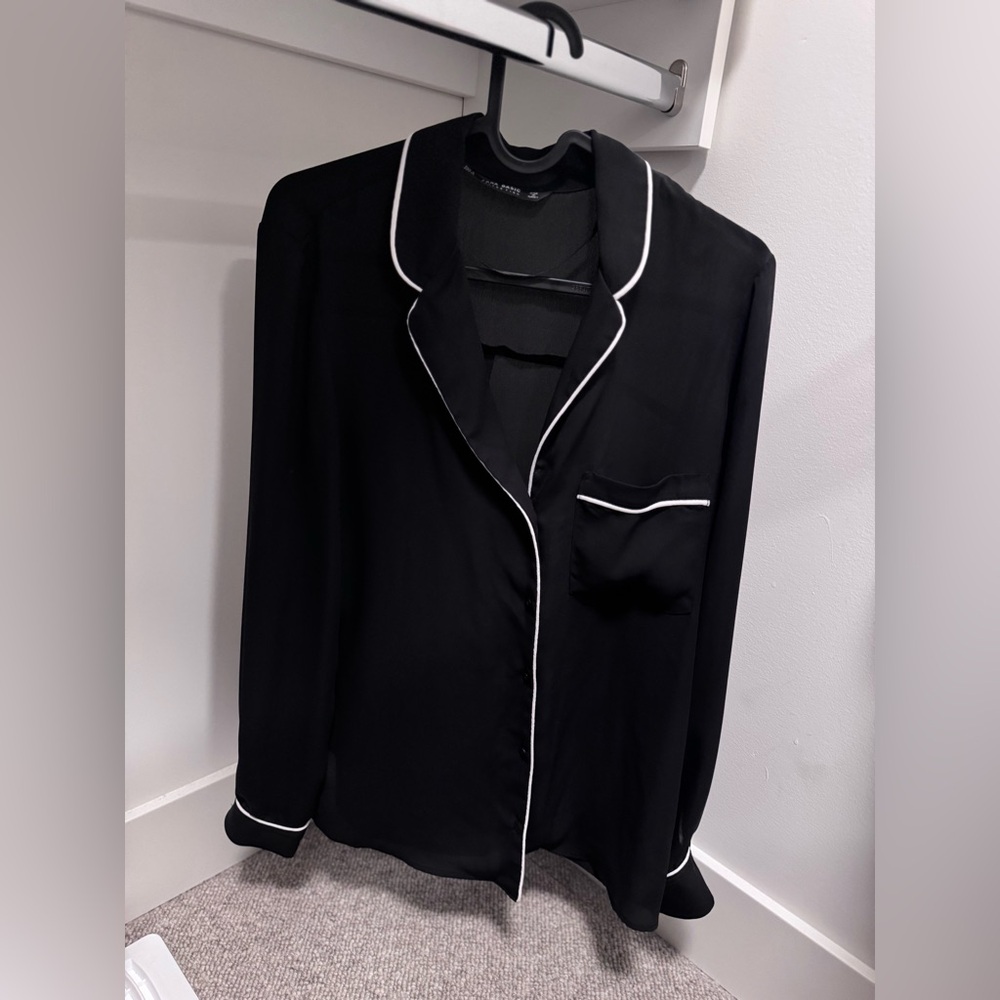 Zara Black Button Down Shirt with White Trim